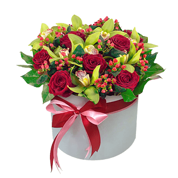 Box mit Rosen und Orchideen — eine stilvolle und raffinierte Komposition