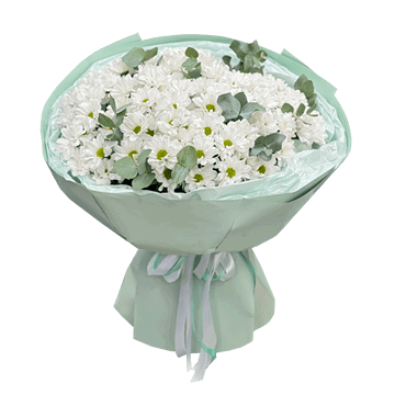 Strauß aus weißen Spray-Chrysanthemen mit Eukalyptus — eine zurückhaltende und elegante