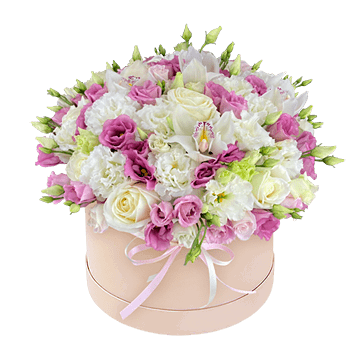 Rosas, orquídeas y lisianthus en caja — una composición elegante y refinada