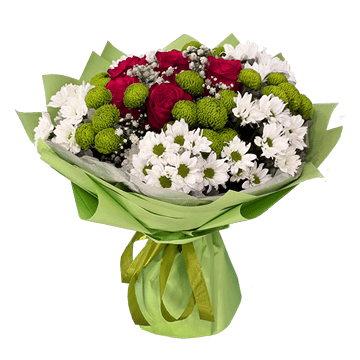 Strauß aus Rosen und Chrysanthemen — eine stilvolle und harmonische Komposition