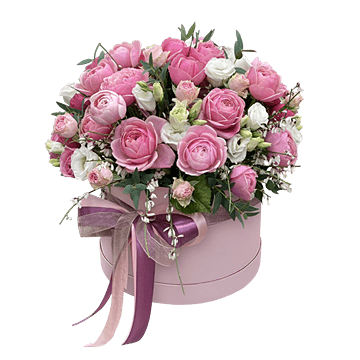 Rosas en ramillete y lisianthus en caja — un regalo elegante y estilizado