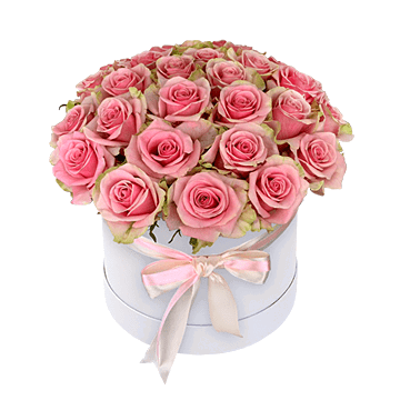 Rosas rosadas en caja — composición refinada con carácter suave y estilo elegante
