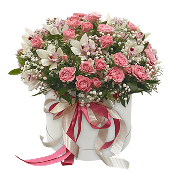 Komposition aus Orchideen und Rosen in einer Box — elegante Blumenarrangement mit feinem Charakter
