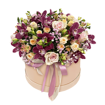 Orchideen und Rosen in einer Box — ausdrucksstarke Komposition mit festlichem Charakter