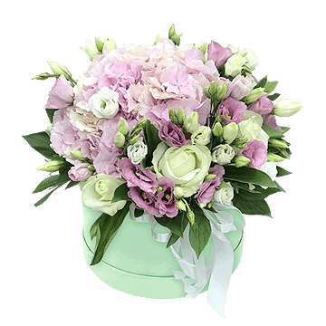 Composición de hortensias, rosas y lisianthus en caja — un regalo delicado y elegante