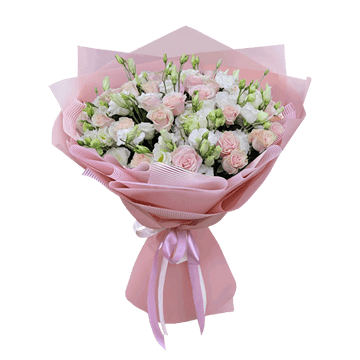 Strauß aus rosa Rosen und weißen Lisianthus — leichte und harmonische Komposition