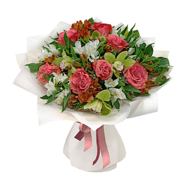 Strauß aus Rosen, Alstroemerien und Orchideen — raffinierte und lebendige Komposition