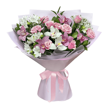 Bouquet aus Rosen, Orchideen und Alstroemerien – eine elegante Komposition mit feinem Charakter
