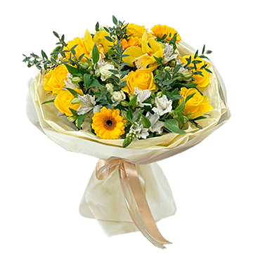 Bouquet aus Rosen, Gerbera und Alstroemerien — fröhliche Stimmung und Wärme
