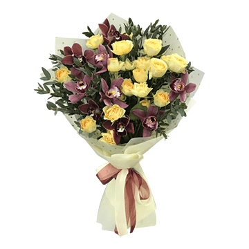 Bouquet aus Rosen und Orchideen — Leidenschaft, Eleganz und feine Schönheit